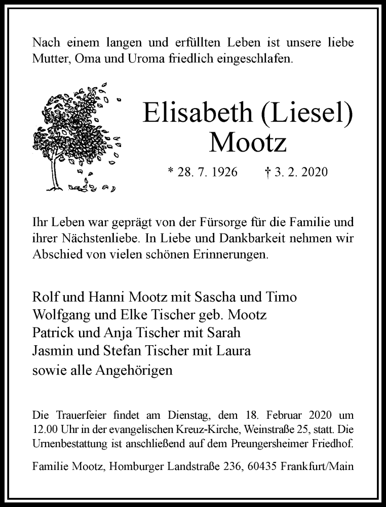  Traueranzeige für Elisabeth Mootz vom 08.02.2020 aus RMZ