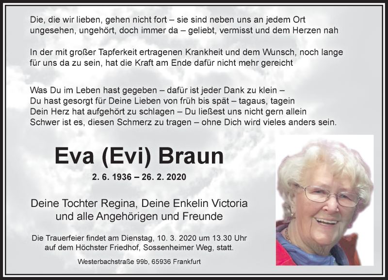  Traueranzeige für Eva Braun vom 29.02.2020 aus RMZ