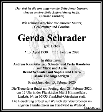 Traueranzeige von Gerda Schrader von RMZ