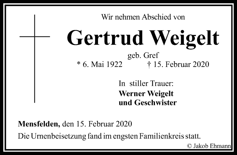  Traueranzeige für Gertrud Weigelt vom 22.02.2020 aus RMZ