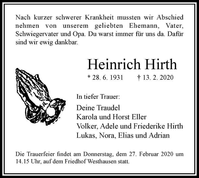  Traueranzeige für Heinrich Hirth vom 20.02.2020 aus RMZ