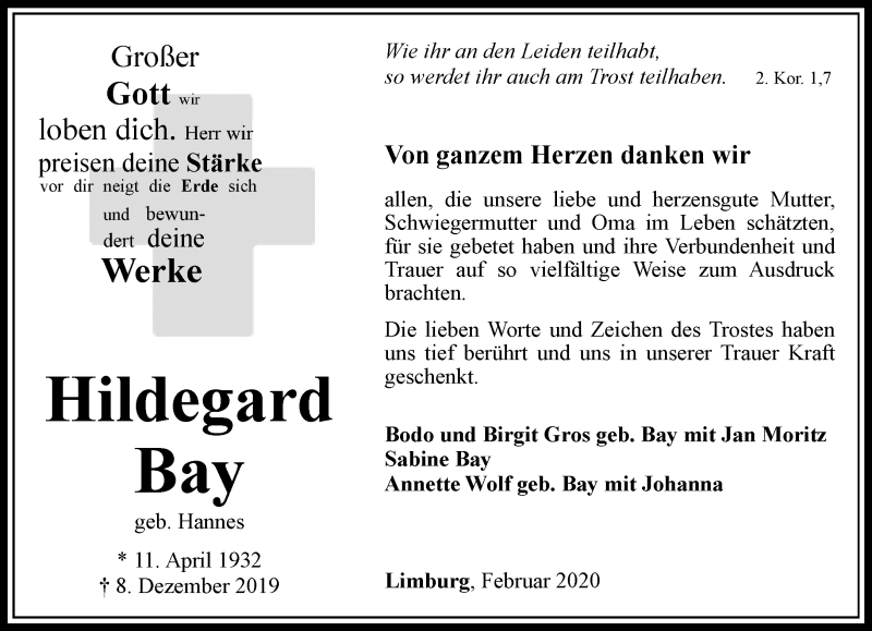  Traueranzeige für Hildegard Bay vom 08.02.2020 aus RMZ