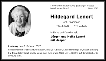 Traueranzeige von Hildegard Lenort von RMZ
