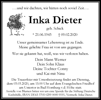 Traueranzeige von Inka Dieter von RMZ