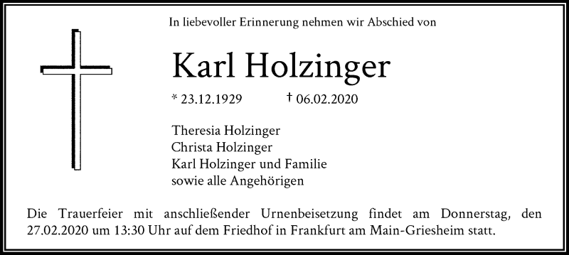  Traueranzeige für Karl Holzinger vom 22.02.2020 aus RMZ