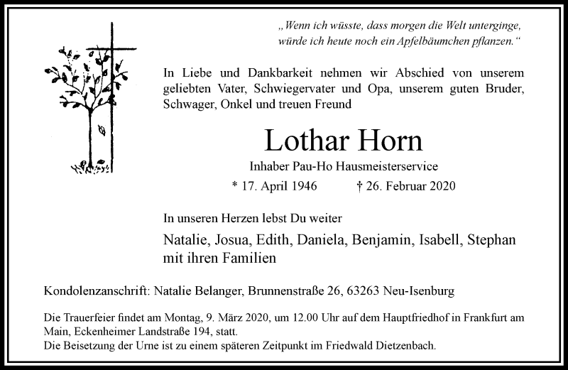  Traueranzeige für Lothar Horn vom 29.02.2020 aus RMZ