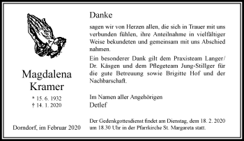 Traueranzeige von Magdalena Kramer von RMZ