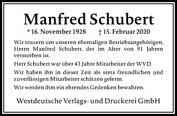 Traueranzeige von Manfred Schubert von RMZ