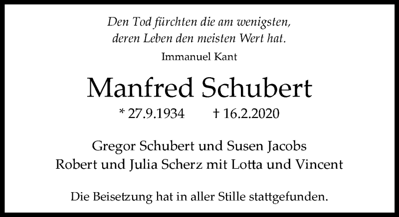  Traueranzeige für Manfred Schubert vom 28.02.2020 aus RMZ