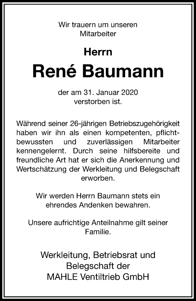  Traueranzeige für René Baumann vom 05.02.2020 aus RMZ