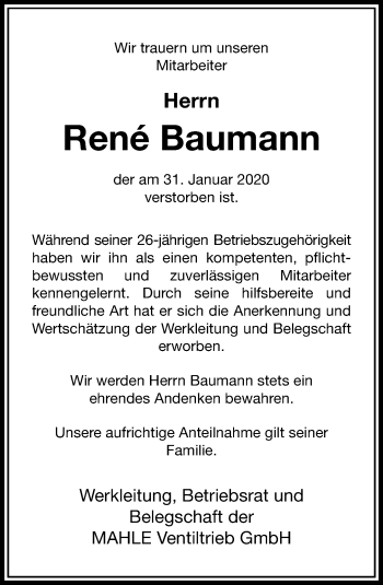 Traueranzeige von René Baumann von RMZ