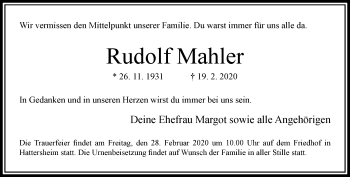 Traueranzeige von Rudolf Mahler von RMZ