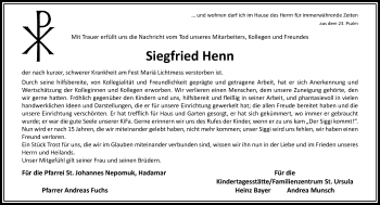 Traueranzeige von Siegfried Henn von RMZ