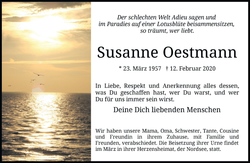  Traueranzeige für Susanne Oestmann vom 22.02.2020 aus RMZ