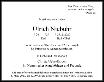 Traueranzeige von Ulrich Niebuhr von RMZ