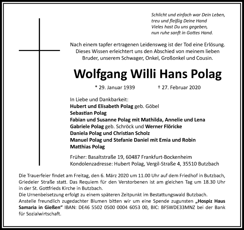  Traueranzeige für Wolfgang Willi Hans  Polag vom 29.02.2020 aus RMZ