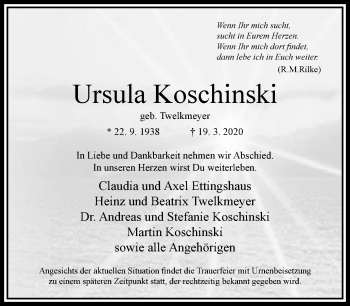 Traueranzeige von Ursula Koschinski 