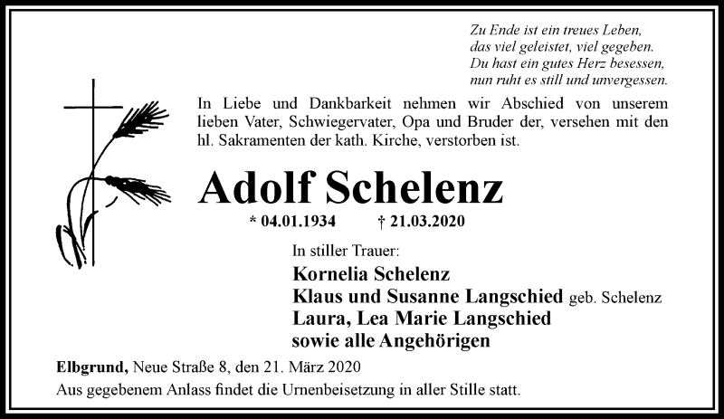  Traueranzeige für Adolf Schelenz vom 25.03.2020 aus RMZ