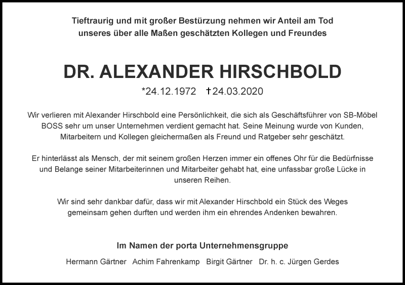  Traueranzeige für Alexander Hirschbold vom 28.03.2020 aus RMZ