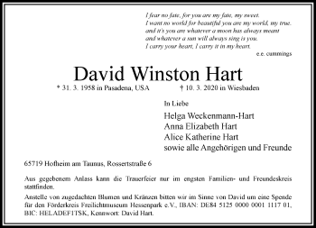 Traueranzeige von David Winston Hart von RMZ