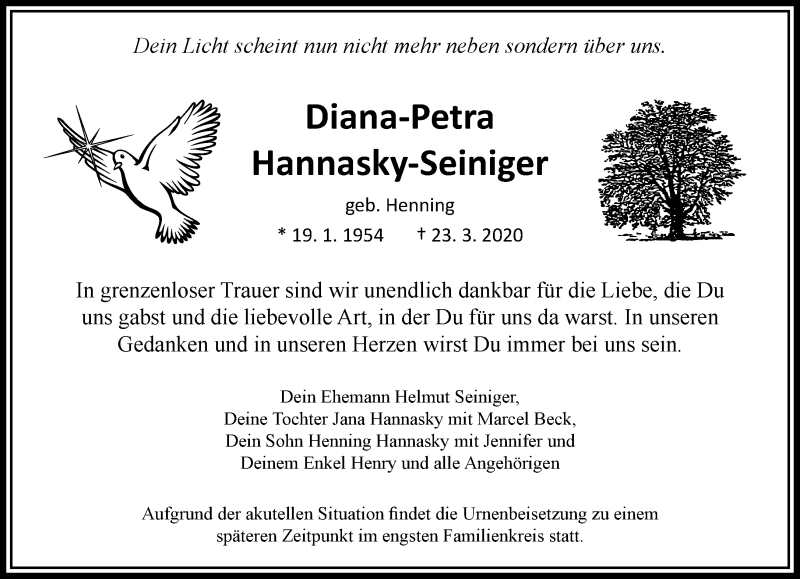  Traueranzeige für Diana-Petra Hannasky-Seiniger vom 04.04.2020 aus RMZ