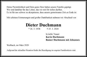 Traueranzeige von Dieter Dutschmann von RMZ