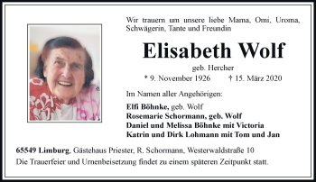 Traueranzeige von Elisabeth Wolf von RMZ