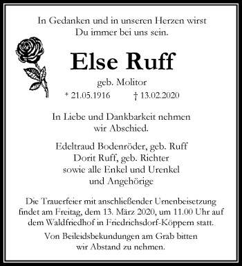 Traueranzeige von Else Ruff von RMZ
