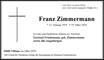 Traueranzeige von Franz Zimmermann von RMZ