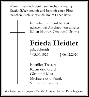 Traueranzeige von Frieda Heidler von RMZ