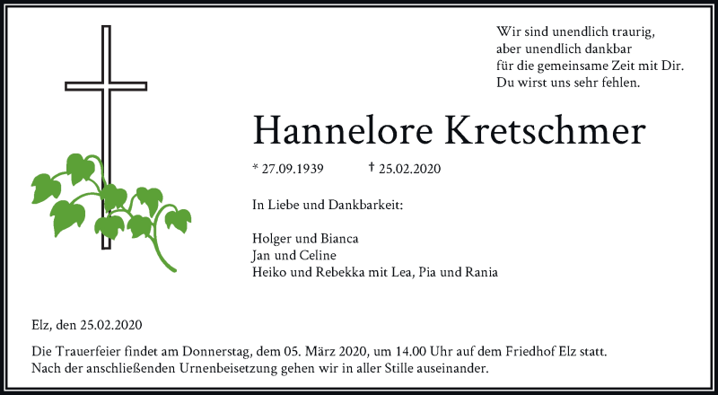  Traueranzeige für Hannelore Kretschmer vom 02.03.2020 aus RMZ