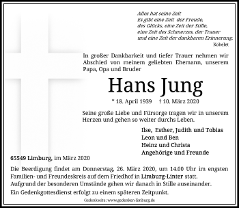 Traueranzeige von Hans Jung von RMZ