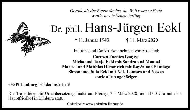  Traueranzeige für Hans-Jürgen Eckl vom 16.03.2020 aus RMZ