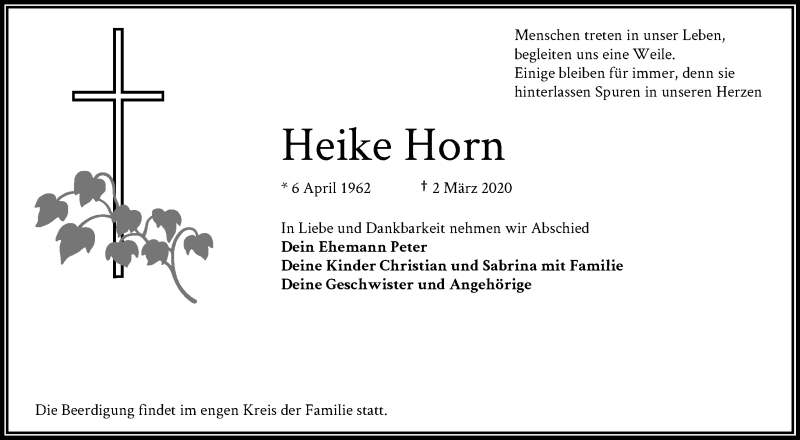  Traueranzeige für Heike Horn vom 04.03.2020 aus RMZ