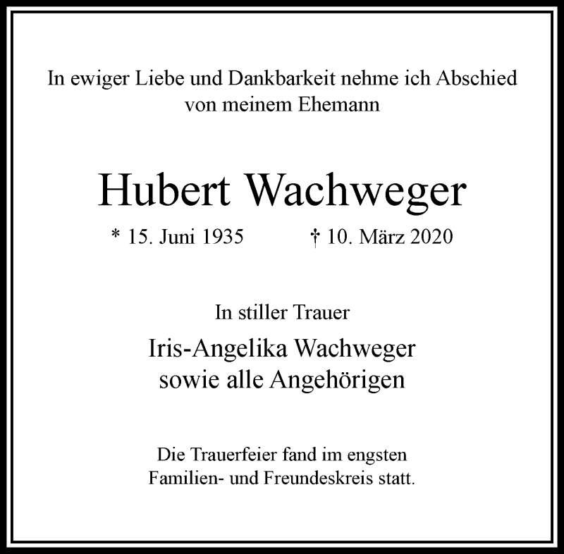  Traueranzeige für Hubert Wachweger vom 28.03.2020 aus RMZ