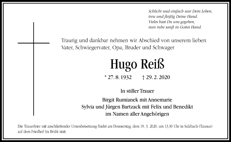  Traueranzeige für Hugo Reiß vom 16.03.2020 aus RMZ