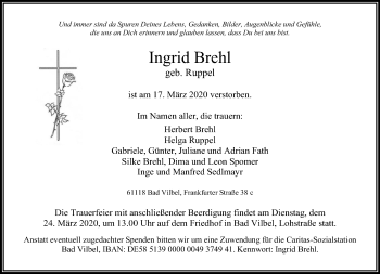 Traueranzeige von Ingrid Brehl von RMZ