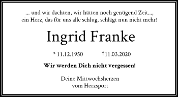 Traueranzeige von Ingrid Franke von RMZ