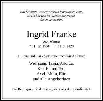 Traueranzeige von Ingrid Franke von RMZ