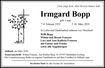 Traueranzeige von Irmgard Bopp von RMZ