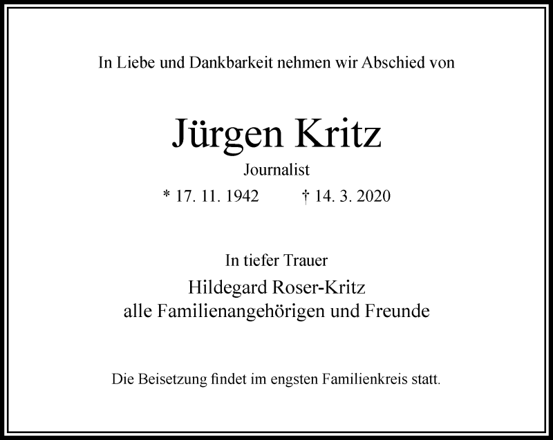  Traueranzeige für Jürgen Kritz vom 28.03.2020 aus RMZ