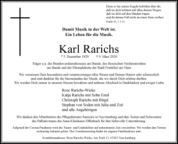 Traueranzeige von Karl Rarichs von RMZ