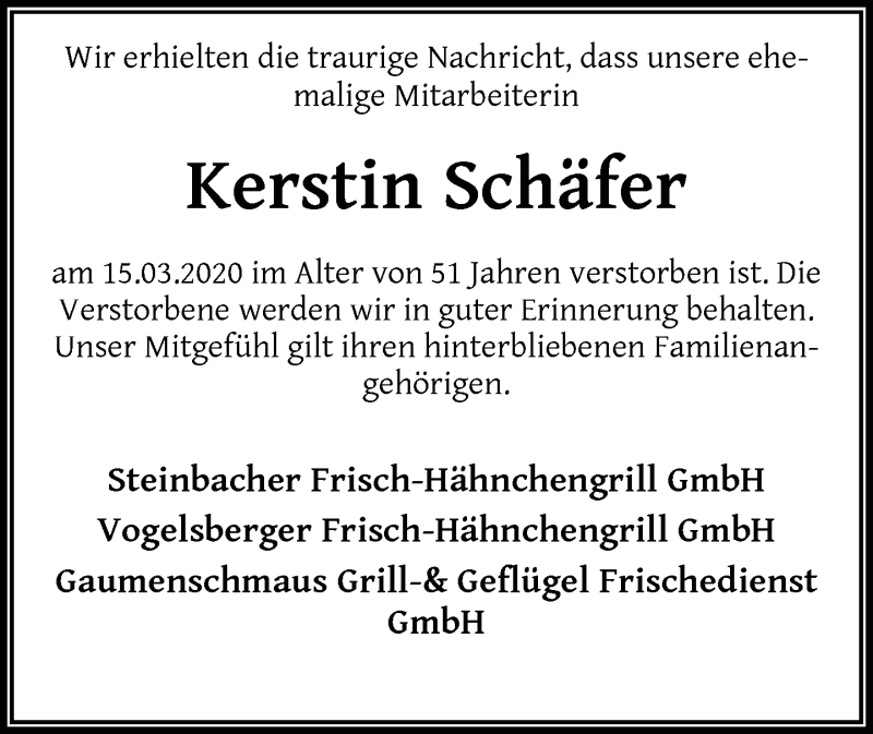  Traueranzeige für Kerstin Schäfer vom 21.03.2020 aus RMZ