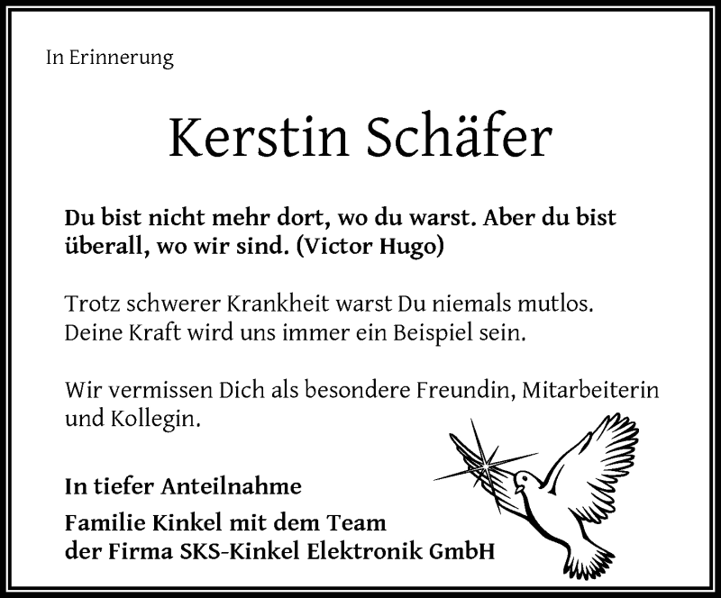  Traueranzeige für Kerstin Schäfer vom 20.03.2020 aus RMZ