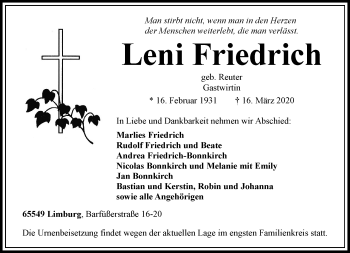 Traueranzeige von Leni Friedrich von RMZ