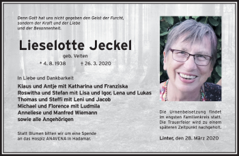 Traueranzeige von Lieselotte Jeckel von RMZ