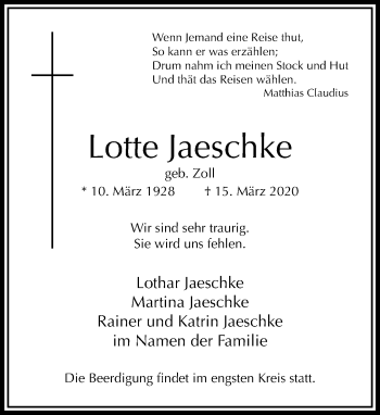 Traueranzeige von Lotte Jaeschke von RMZ