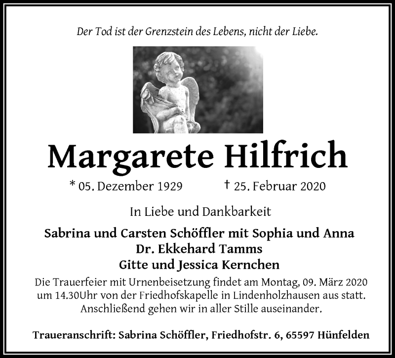  Traueranzeige für Margarete Hilfrich vom 05.03.2020 aus RMZ