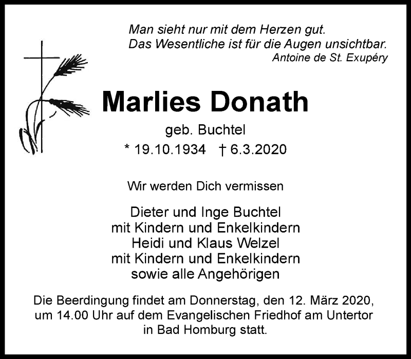  Traueranzeige für Marlies Donath vom 11.03.2020 aus RMZ