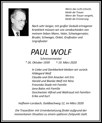 Traueranzeige von Paul Wolf von RMZ